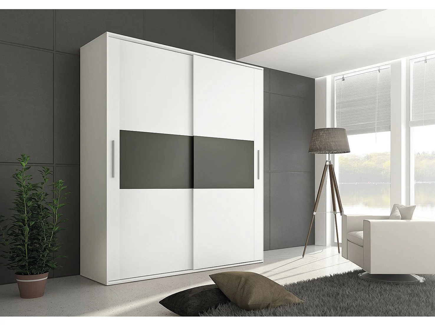 Armario con Puertas Correderas, Incluye 2 Estantes y 2 Barras para Colgar, Color Blanco-Grafito, 207,6 x 180 x 55 cm