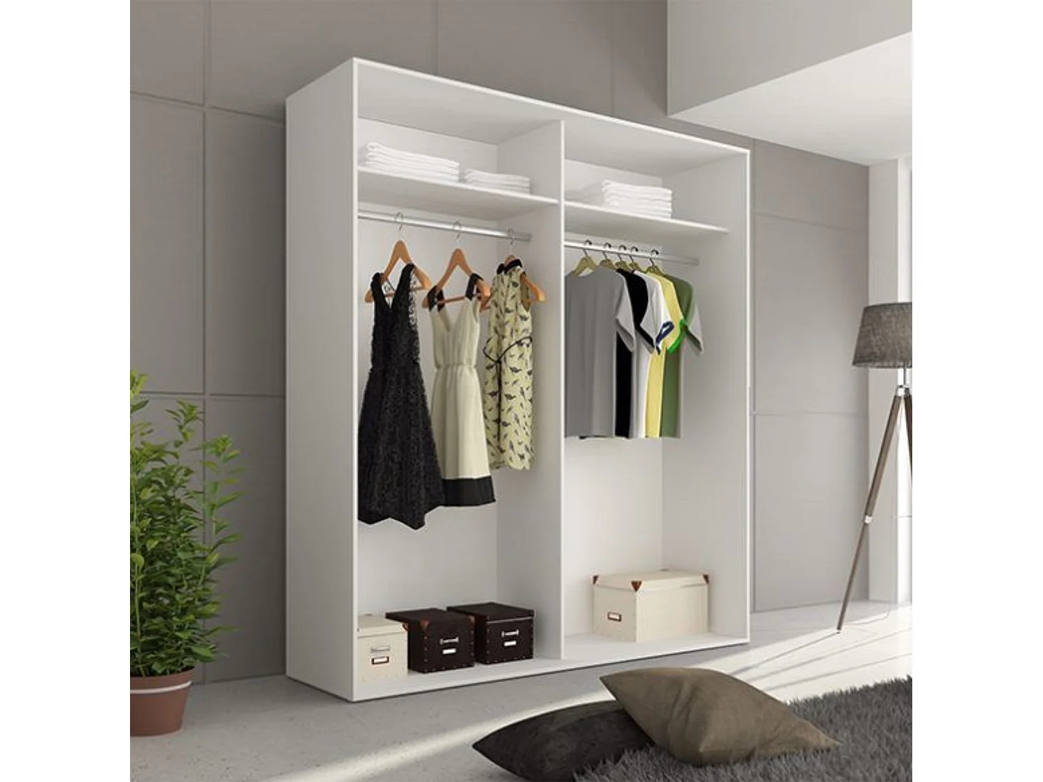Armario con Puertas Correderas, Incluye 2 Estantes y 2 Barras para Colgar, Color Blanco-Grafito, 207,6 x 180 x 55 cm