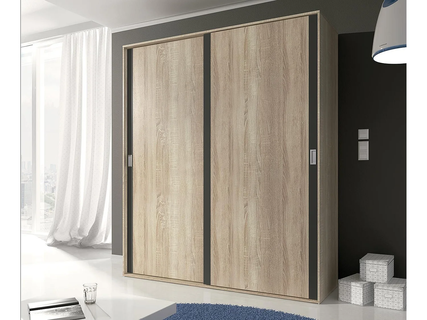 Armario con Puertas Correderas, Incluye 2 Estantes y 2 Barras para Colgar, Color Cambria-Grafito, 208 x 180 x 55 cm