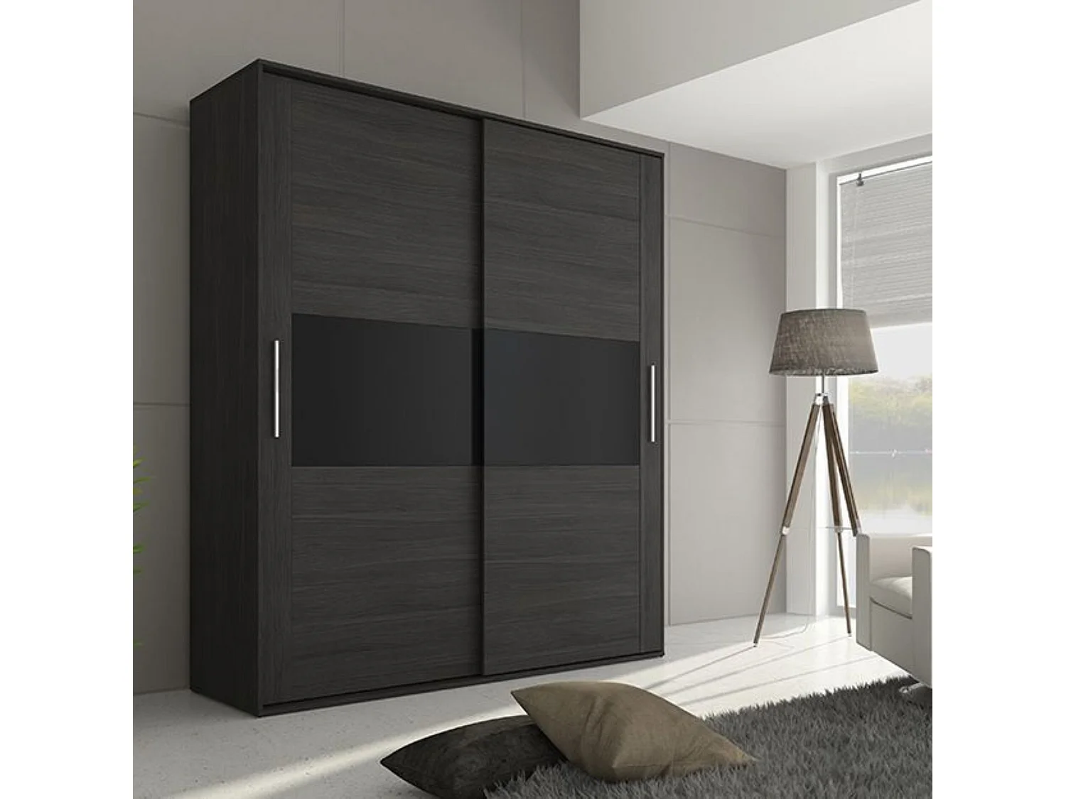 Armario con Puertas Correderas, Incluye 2 Estantes y 2 Barras para Colgar, Color Ceniza-Negro, 207,6 x 180 x 55 cm