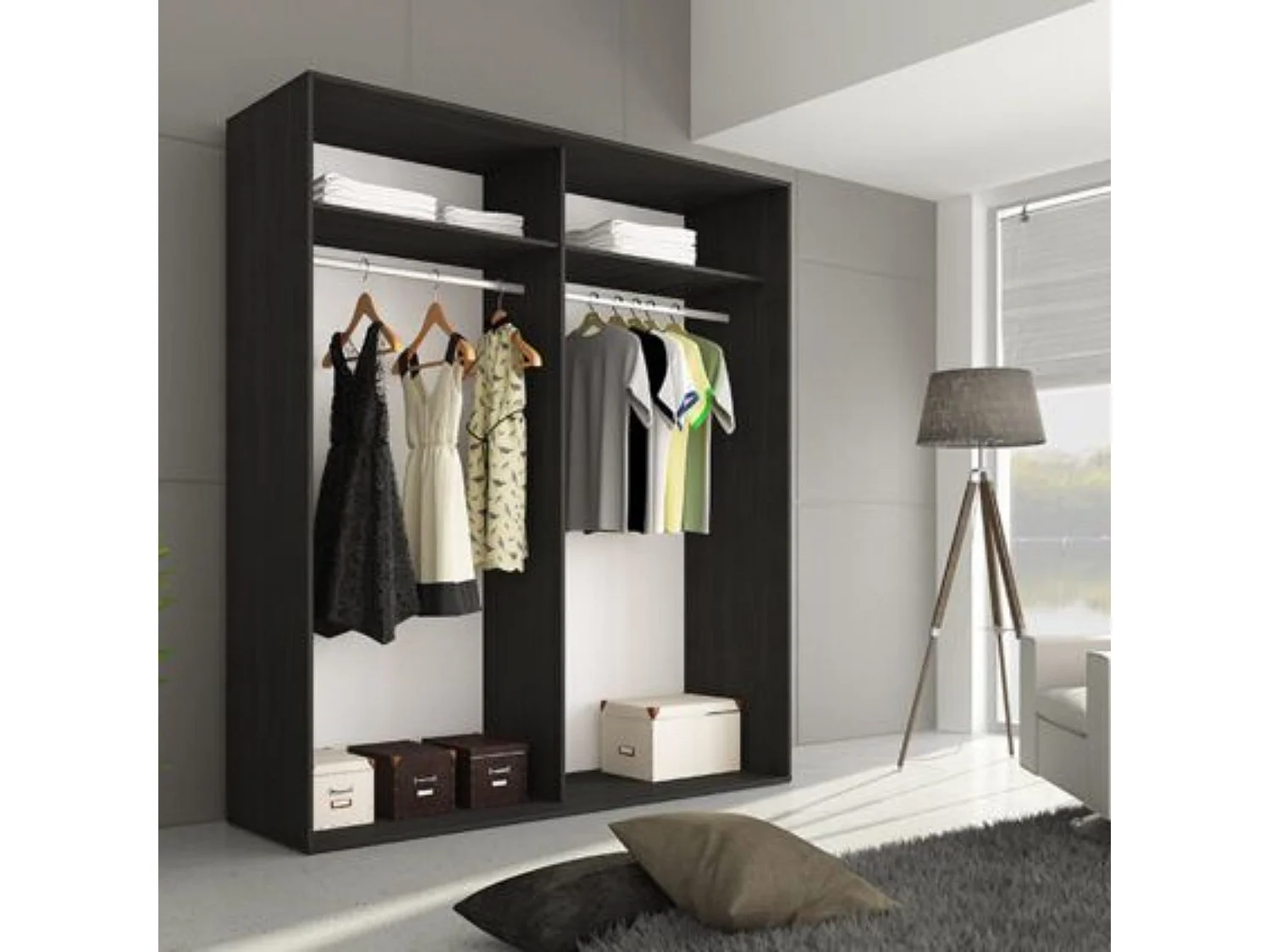 Armario con Puertas Correderas, Incluye 2 Estantes y 2 Barras para Colgar, Color Ceniza-Negro, 207,6 x 180 x 55 cm