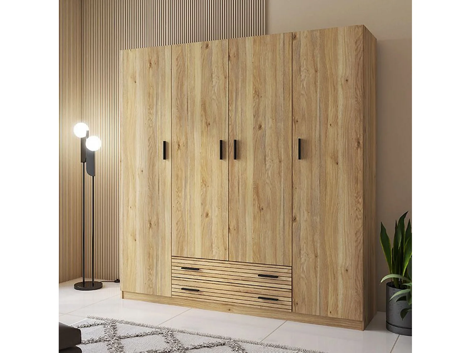 Armario 4 Puertas con 2 Cajones, Incluye 2 Estantes y 3 Barras para Colgar, Color Mauvella-Rayas, 208 x 199,8 x 51,6 cm