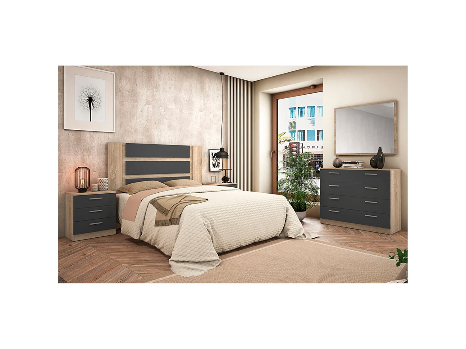 Conjunto Dormitorio Completo – Cabecero con Patas 160 cm + 2 Mesitas de Noche 3 Cajones + Cómoda 4 Cajones, Color Cambria y Negro, Estilo Moderno