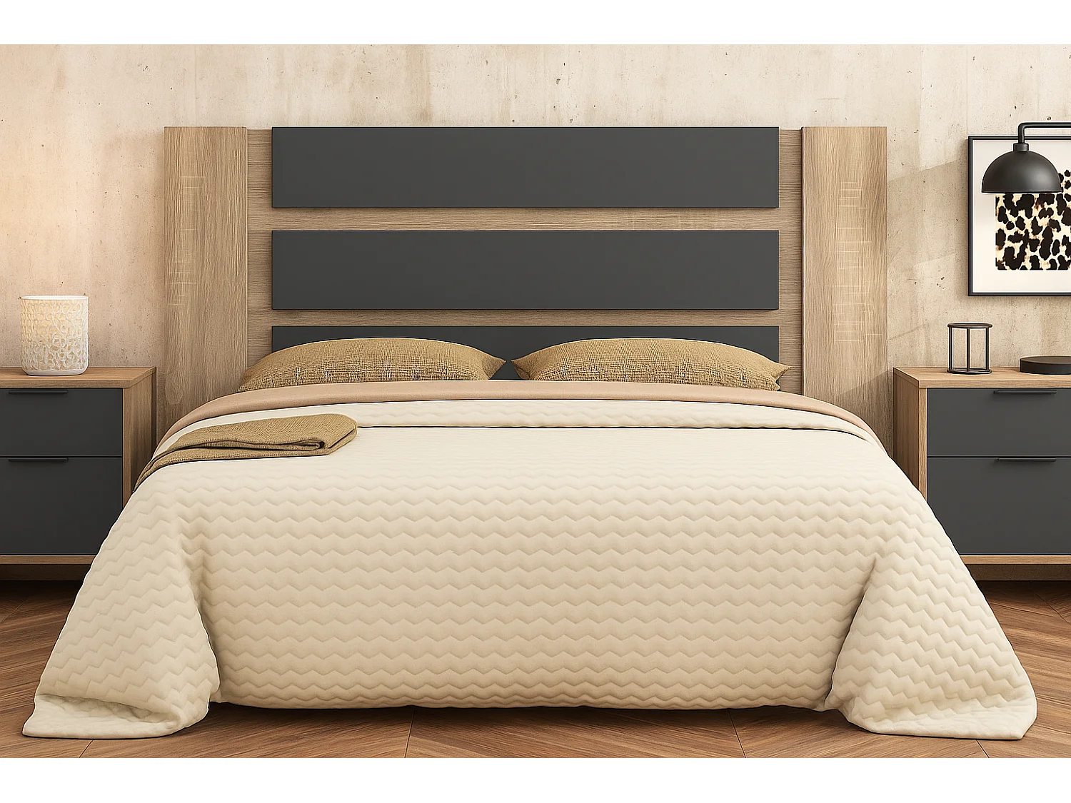 Conjunto Dormitorio Completo – Cabecero con Patas 160 cm + 2 Mesitas de Noche 3 Cajones + Cómoda 4 Cajones, Color Cambria y Negro, Estilo Moderno