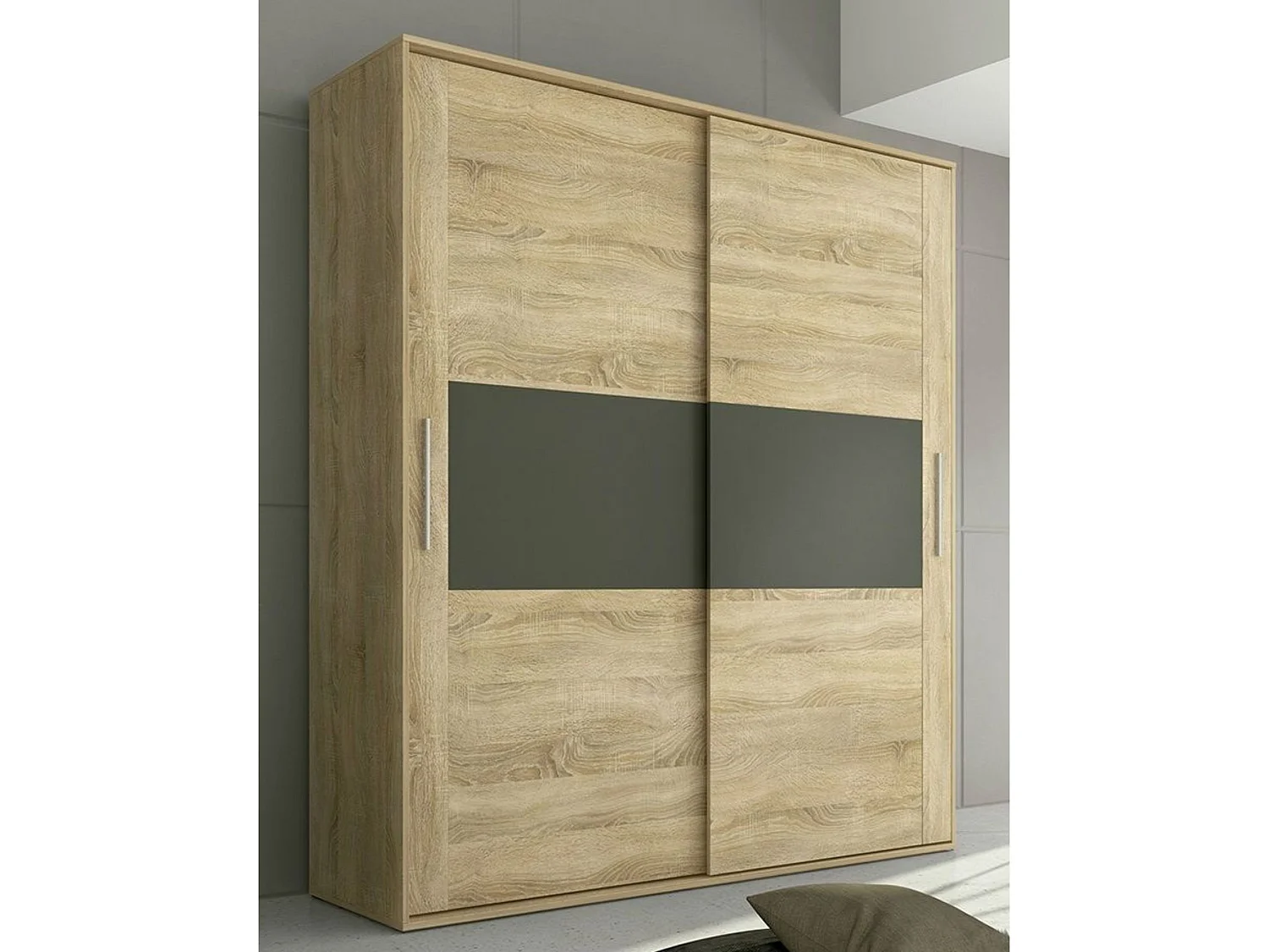 Armario con Puertas Correderas, Incluye 2 Estantes y 2 Barras para Colgar, Color Cambria-Grafito, 207,6 x 180 x 55 cm