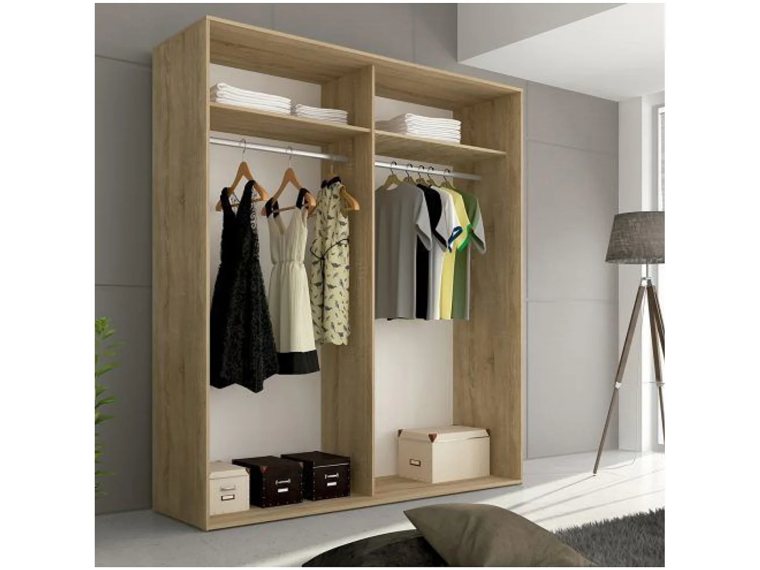 Armario con Puertas Correderas, Incluye 2 Estantes y 2 Barras para Colgar, Color Cambria-Grafito, 207,6 x 180 x 55 cm