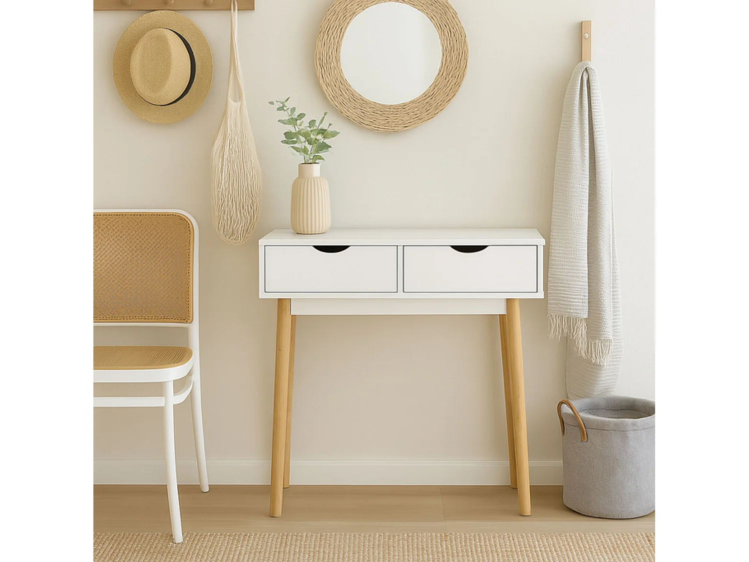 Recibidor Blanco con 2 Cajones y Patas de Madera de Haya – 90x35x78 cm – Consola Moderna para Entrada o Pasillo