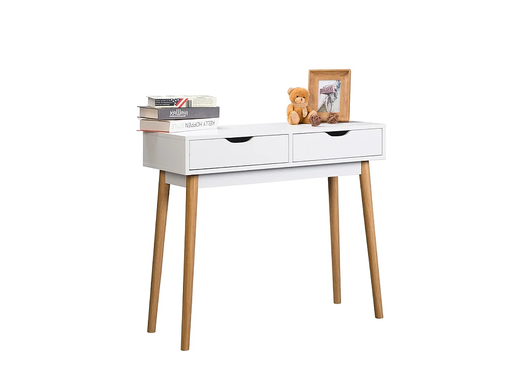 Recibidor Blanco con 2 Cajones y Patas de Madera de Haya – 90x35x78 cm – Consola Moderna para Entrada o Pasillo