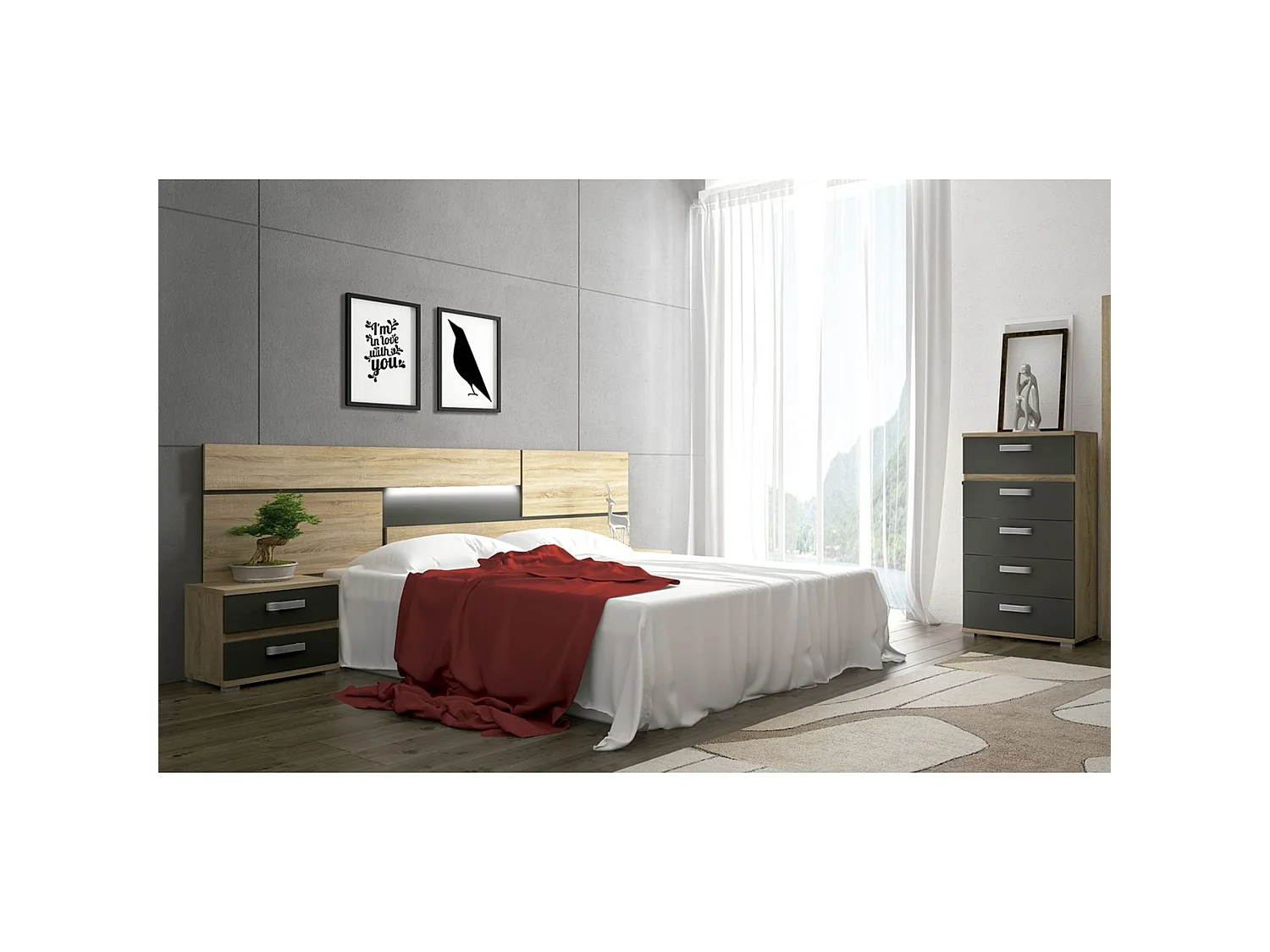 Dormitorio de Matrimonio Completo – Cabecero con Luces LED, 2 Mesitas de Noche y Sinfonier de 5 Cajones – Diseño Moderno en Madera y Metal.