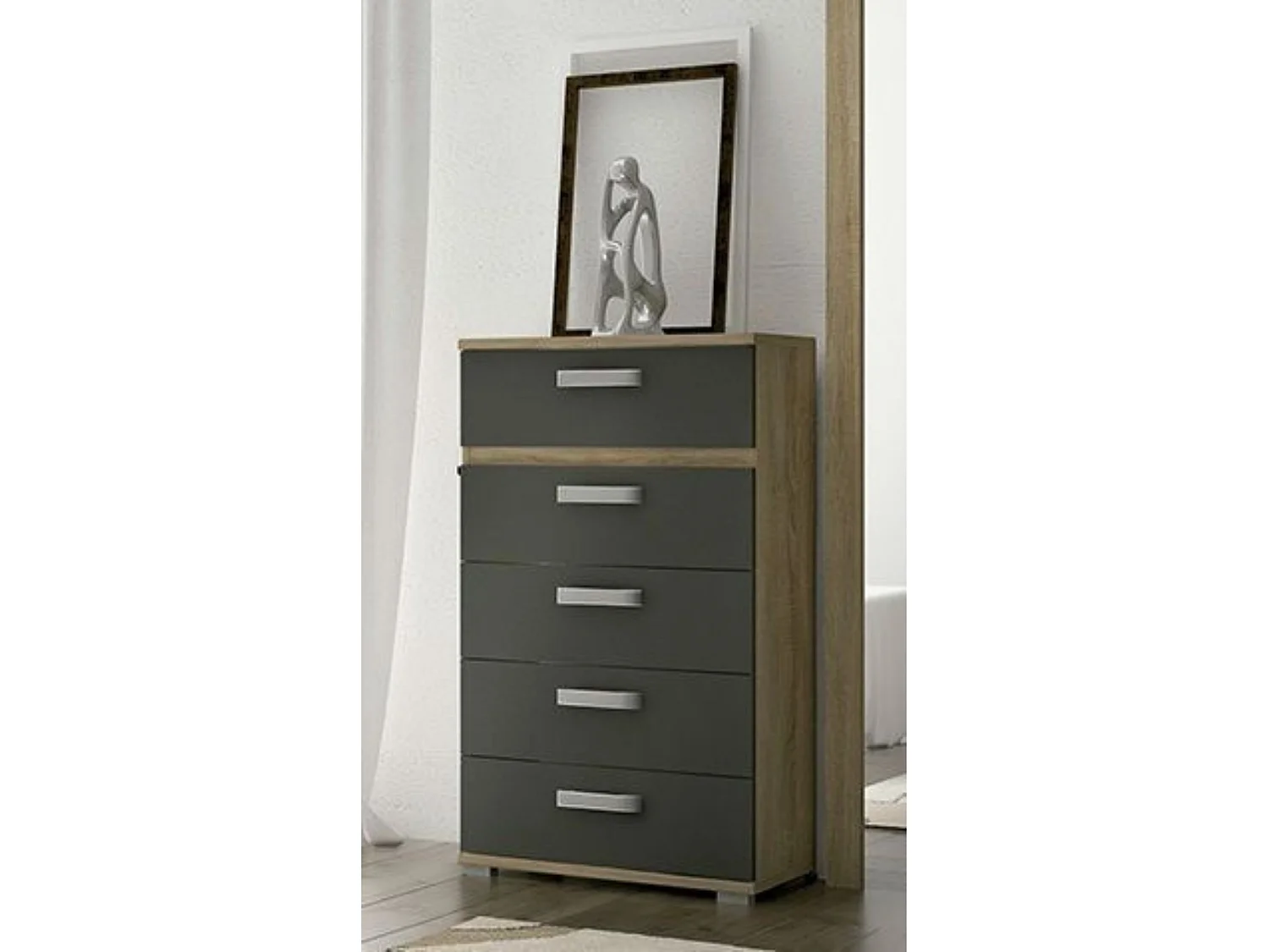 Dormitorio de Matrimonio Completo – Cabecero con Luces LED, 2 Mesitas de Noche y Sinfonier de 5 Cajones – Diseño Moderno en Madera y Metal.