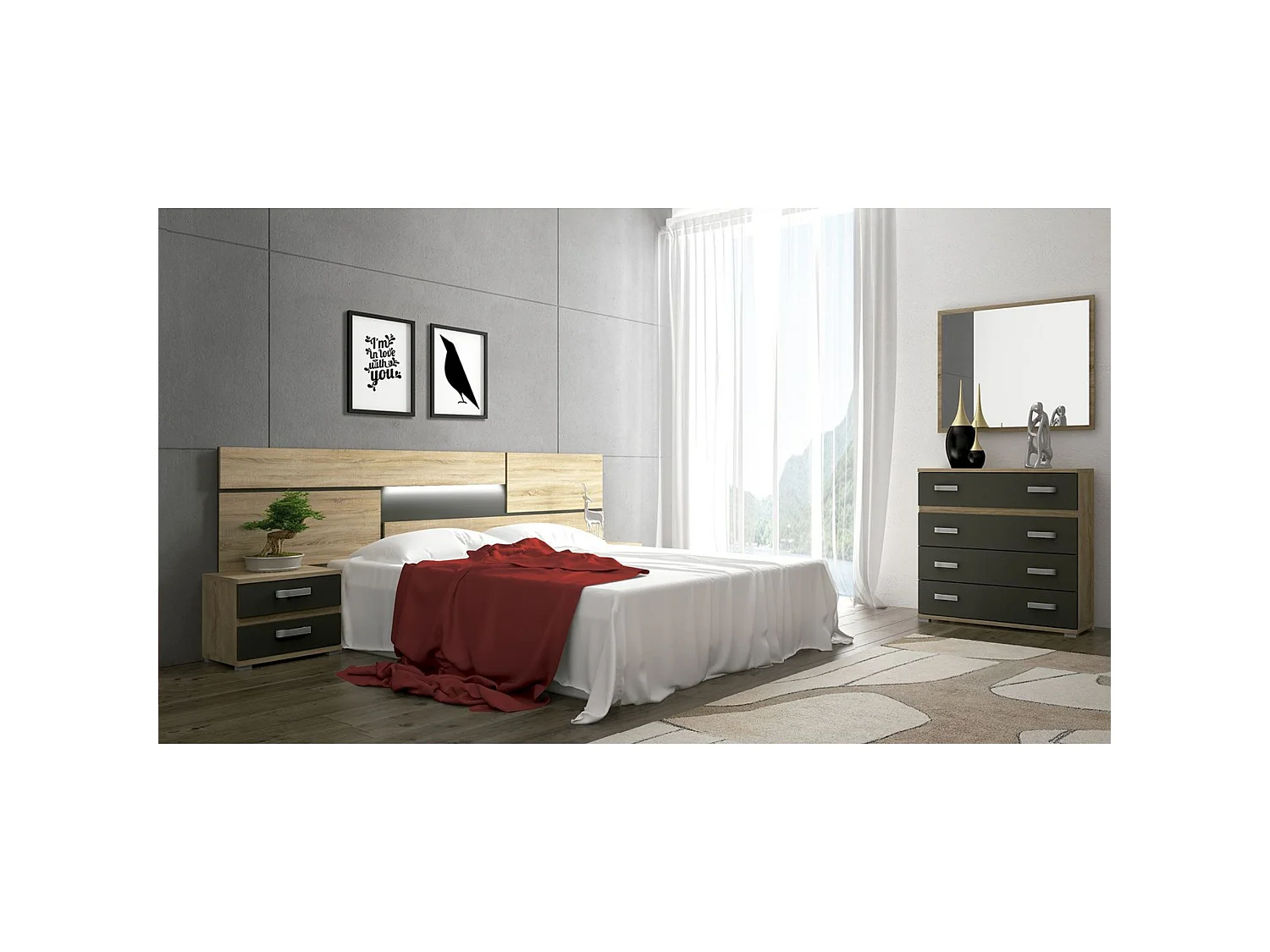 Dormitorio de Matrimonio Completo – Cabecero con Luces LED, 2 Mesitas de Noche y Cómoda de 4 Cajones – Diseño Moderno en Cambria y Grafito.
