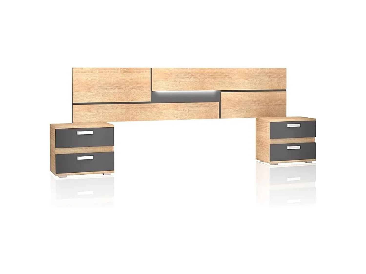 Dormitorio de Matrimonio Completo – Cabecero con Luces LED, 2 Mesitas de Noche y Cómoda de 4 Cajones – Diseño Moderno en Cambria y Grafito.