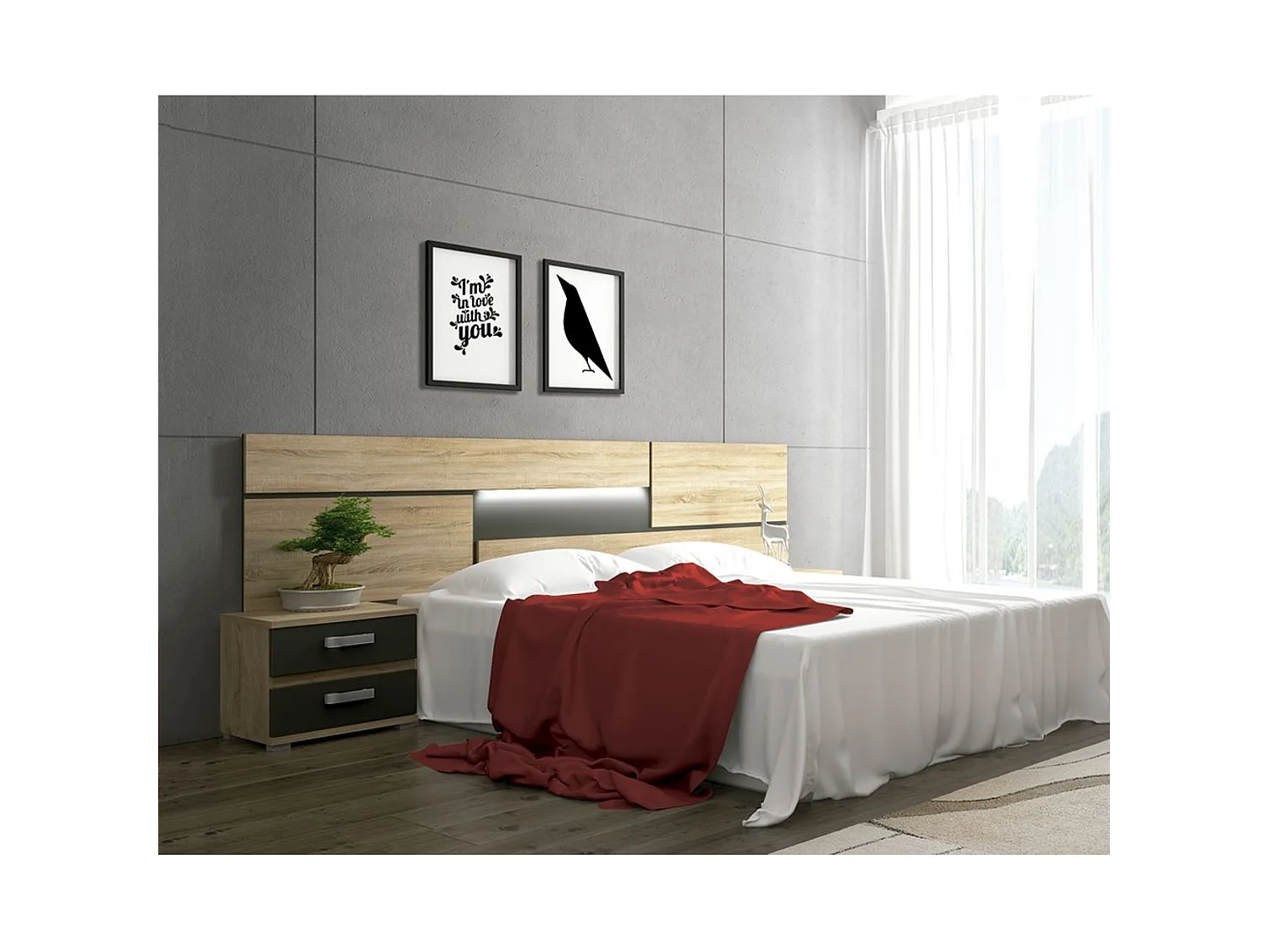 Dormitorio de Matrimonio Completo – Cabecero con Luces LED, 2 Mesitas de Noche y Cómoda de 4 Cajones – Diseño Moderno en Cambria y Grafito.