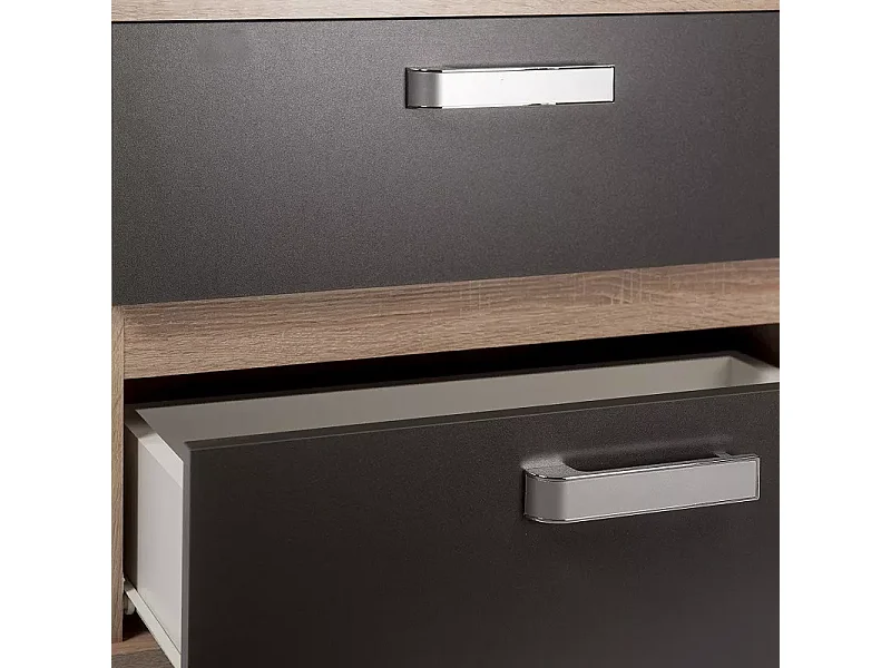 Dormitorio de Matrimonio Completo – Cabecero con Luces LED, 2 Mesitas de Noche y Cómoda de 4 Cajones – Diseño Moderno en Cambria y Grafito.