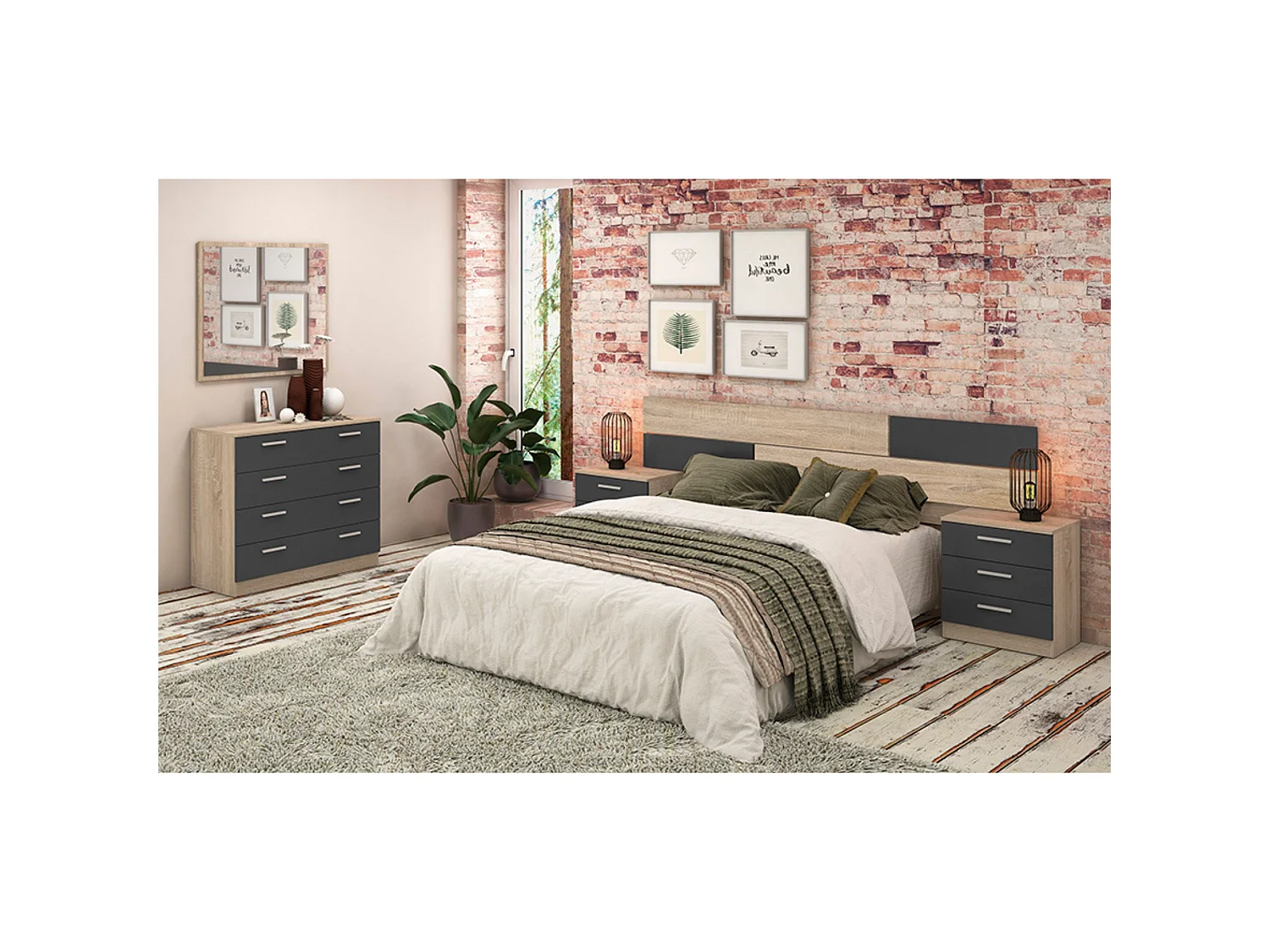 Pack Dormitorio Completo Meyvaser – Cabecero 220 cm + 2 Mesitas de Noche 3 Cajones + Cómoda 4 Cajones, Color Cambria y Negro, Estilo Moderno