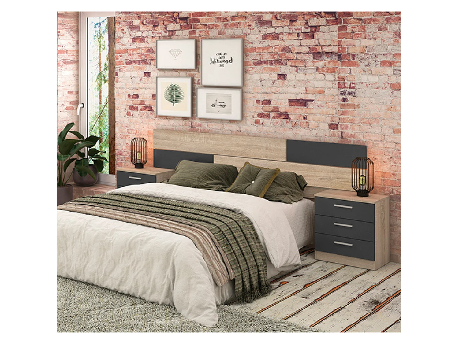 Pack Dormitorio Completo Meyvaser – Cabecero 220 cm + 2 Mesitas de Noche 3 Cajones + Cómoda 4 Cajones, Color Cambria y Negro, Estilo Moderno