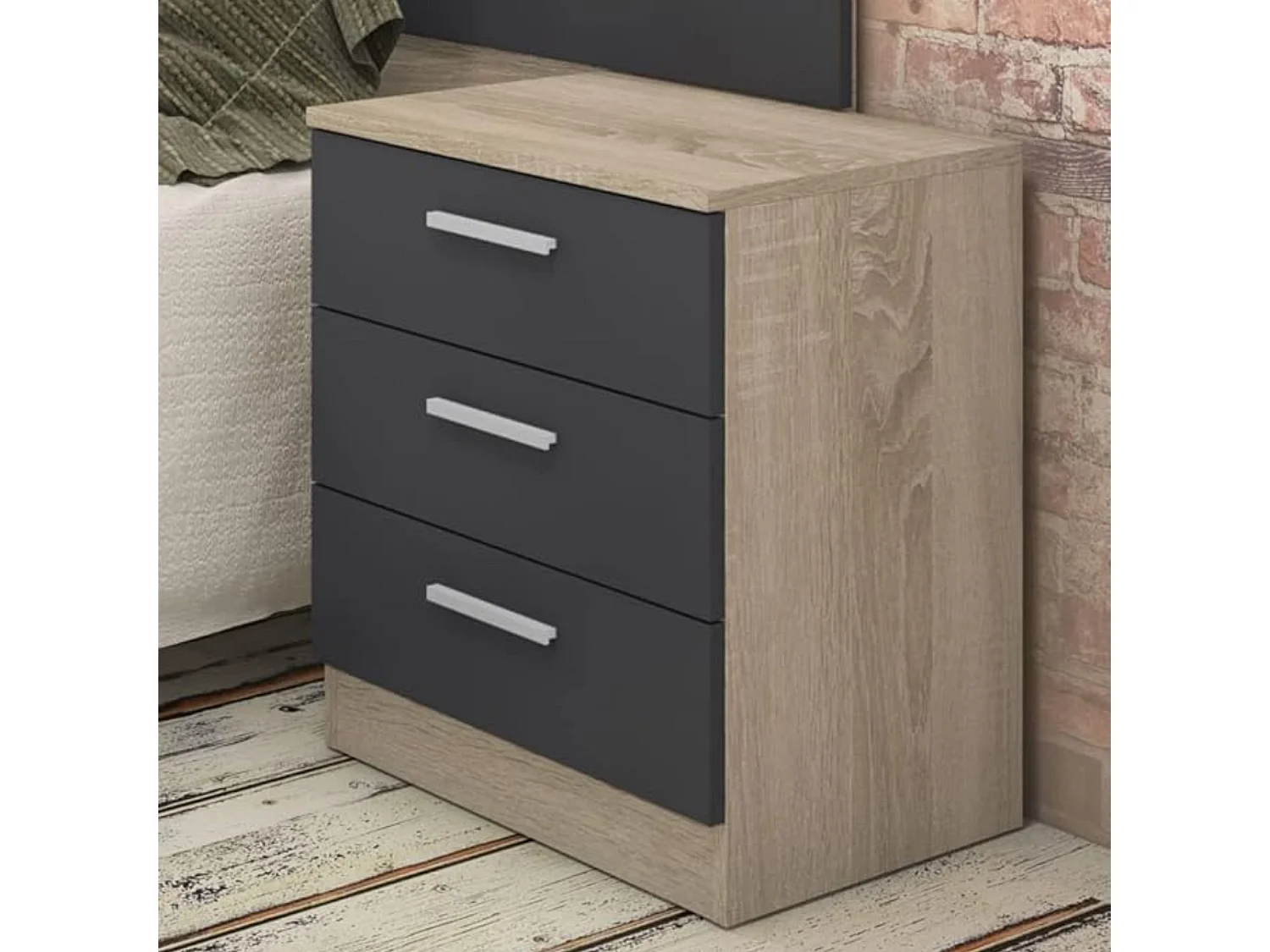 Pack Dormitorio Completo Meyvaser – Cabecero 220 cm + 2 Mesitas de Noche 3 Cajones + Cómoda 4 Cajones, Color Cambria y Negro, Estilo Moderno