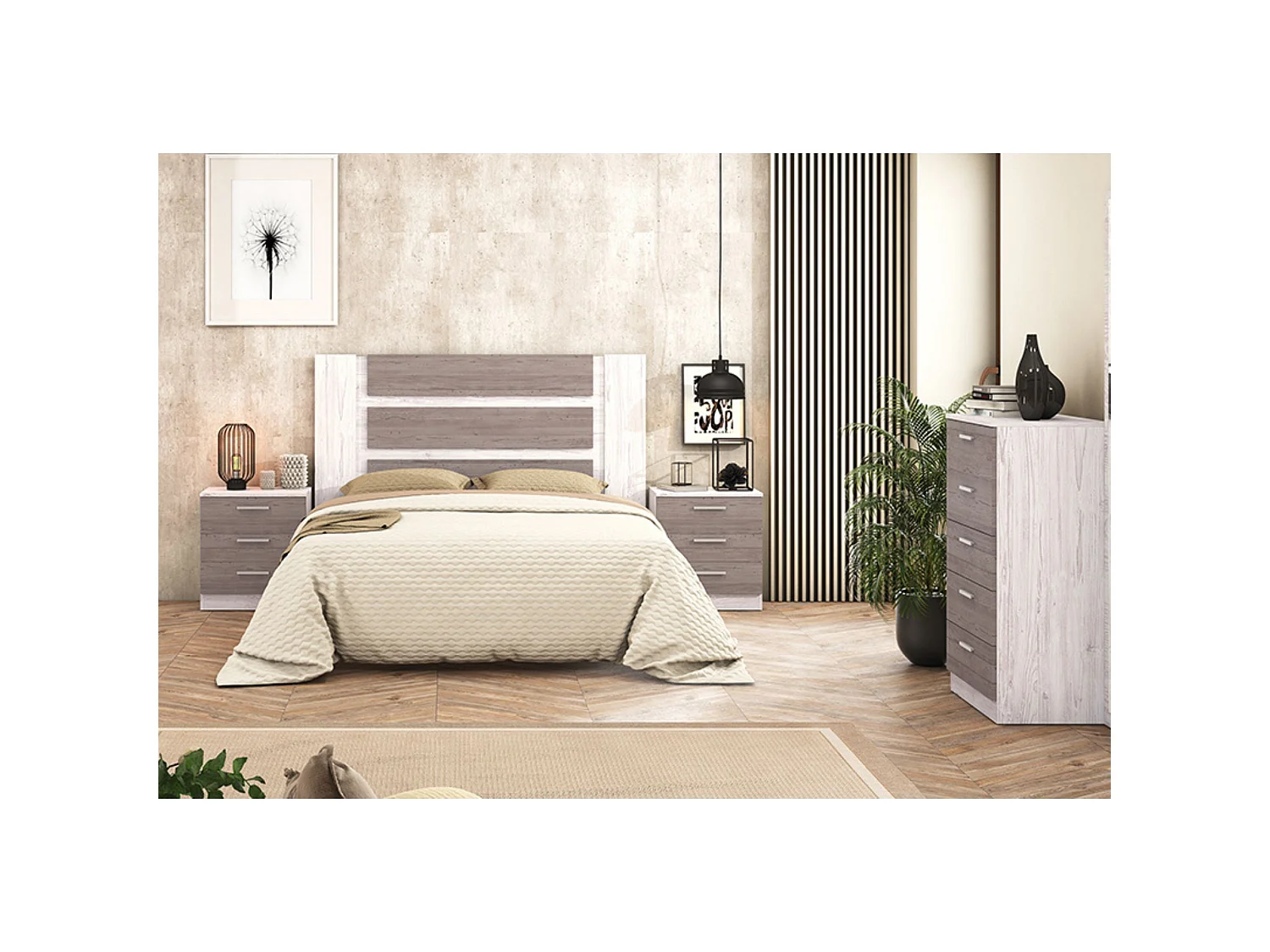 Dormitorio de Matrimonio Completo – Cabecero 160 cm, 2 Mesitas, Sinfonier 5 Cajones, Color Pino Andersen y Gris, Formato Kit, Fácil Montaje