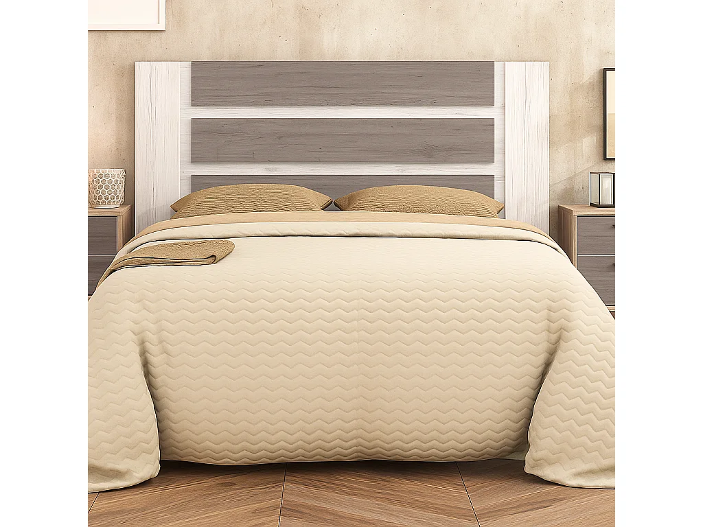 Dormitorio de Matrimonio Completo – Cabecero 160 cm, 2 Mesitas, Sinfonier 5 Cajones, Color Pino Andersen y Gris, Formato Kit, Fácil Montaje