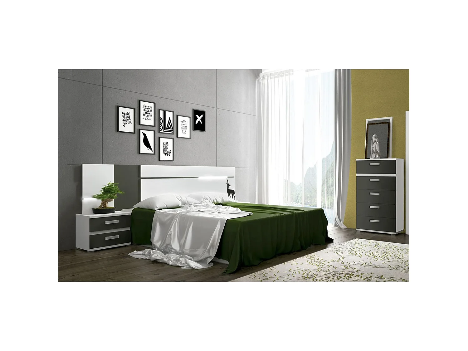 Dormitorio de Matrimonio Completo – Cabecero 259 cm, 2 Mesitas de Noche y Sinfonier de 5 Cajones – Diseño Moderno en Blanco y Negro.