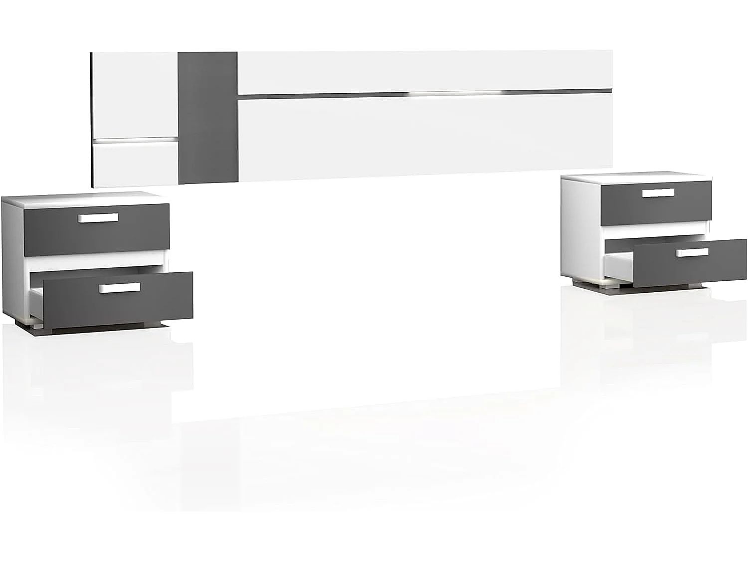 Dormitorio de Matrimonio Completo – Cabecero 259 cm, 2 Mesitas de Noche y Sinfonier de 5 Cajones – Diseño Moderno en Blanco y Negro.