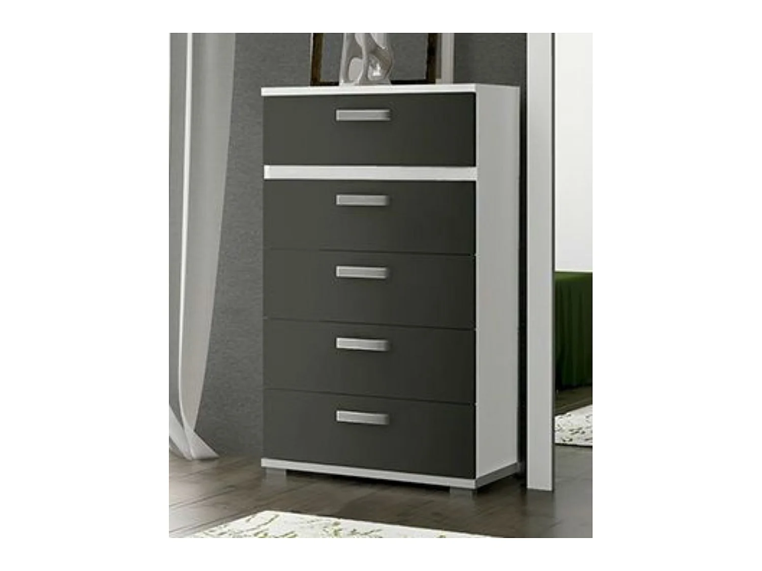 Dormitorio de Matrimonio Completo – Cabecero 259 cm, 2 Mesitas de Noche y Sinfonier de 5 Cajones – Diseño Moderno en Blanco y Negro.