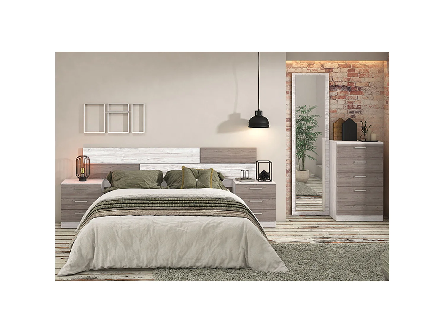 Pack Dormitorio Completo – Cabecero 220 cm + 2 Mesitas de Noche 3 Cajones + Sinfonier 5 Cajones, Color Andersen/gris, Estilo Moderno