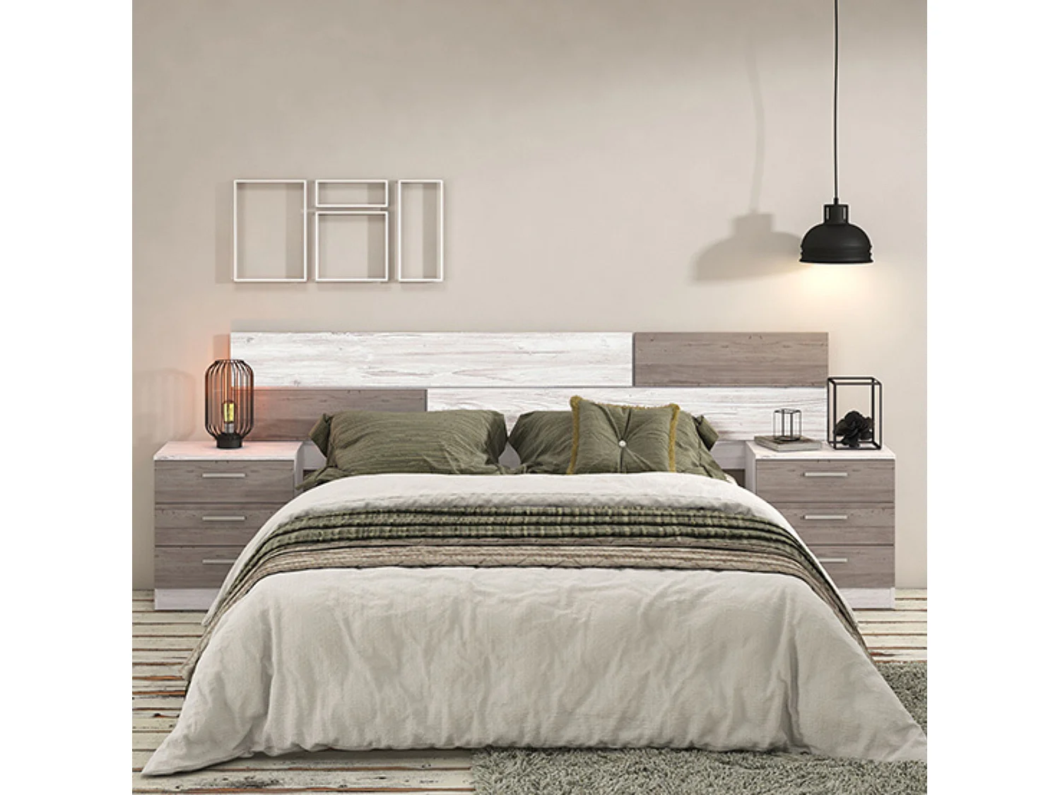 Pack Dormitorio Completo – Cabecero 220 cm + 2 Mesitas de Noche 3 Cajones + Sinfonier 5 Cajones, Color Andersen/gris, Estilo Moderno