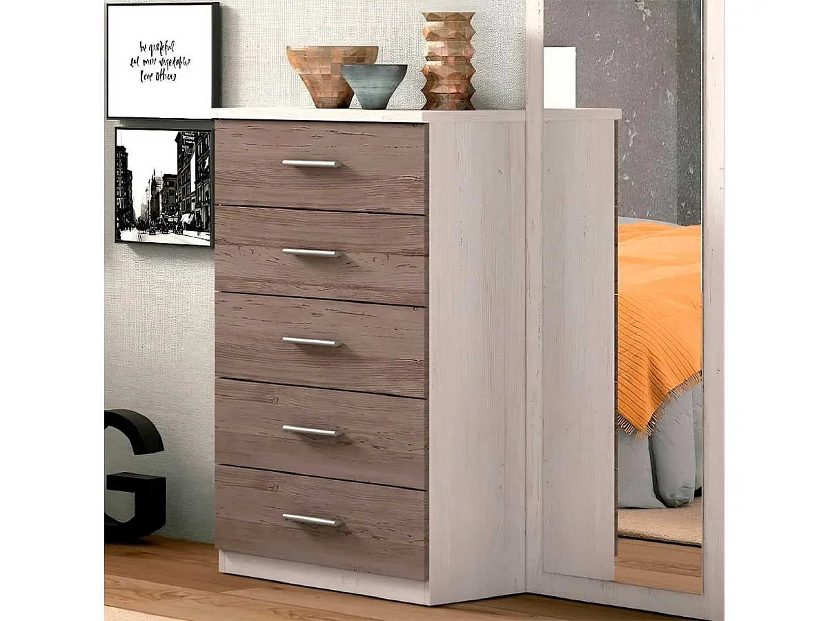 Pack Dormitorio Completo – Cabecero 220 cm + 2 Mesitas de Noche 3 Cajones + Sinfonier 5 Cajones, Color Andersen/gris, Estilo Moderno
