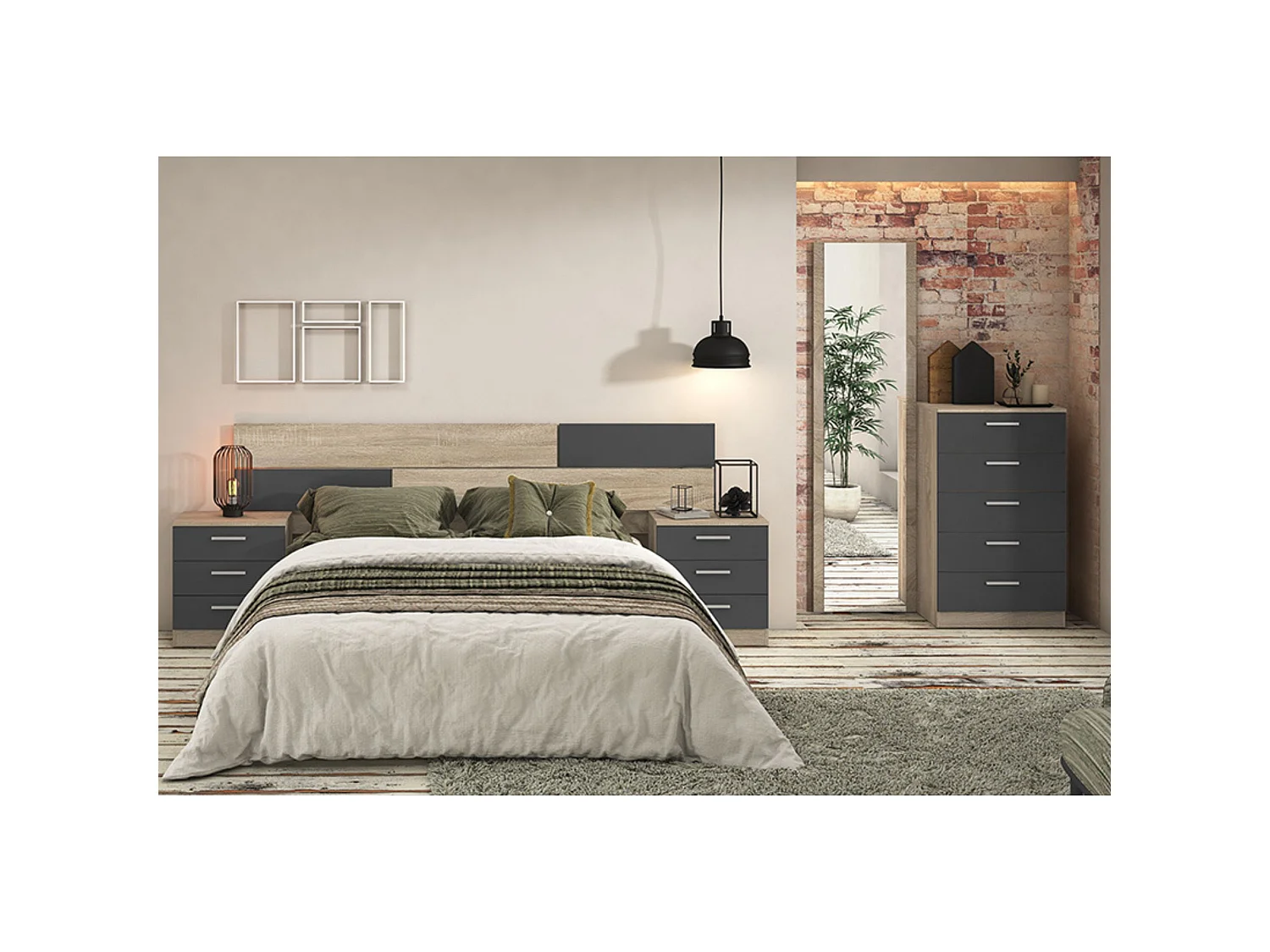 Pack Dormitorio Completo – Cabecero 220 cm + 2 Mesitas de Noche 3 Cajones + Sinfonier 5 Cajones, Color Cambria y Negro, Estilo Moderno