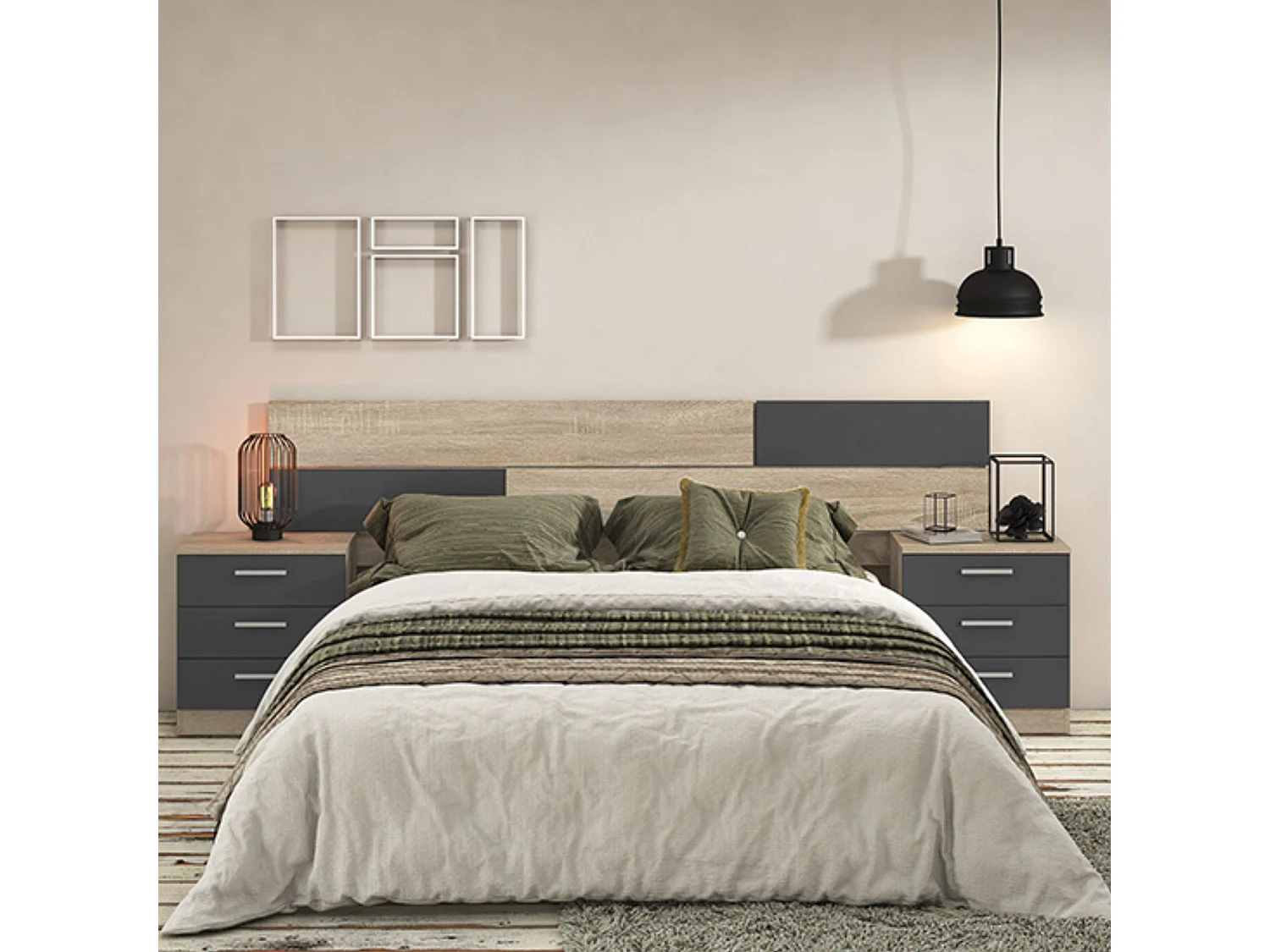 Pack Dormitorio Completo – Cabecero 220 cm + 2 Mesitas de Noche 3 Cajones + Sinfonier 5 Cajones, Color Cambria y Negro, Estilo Moderno