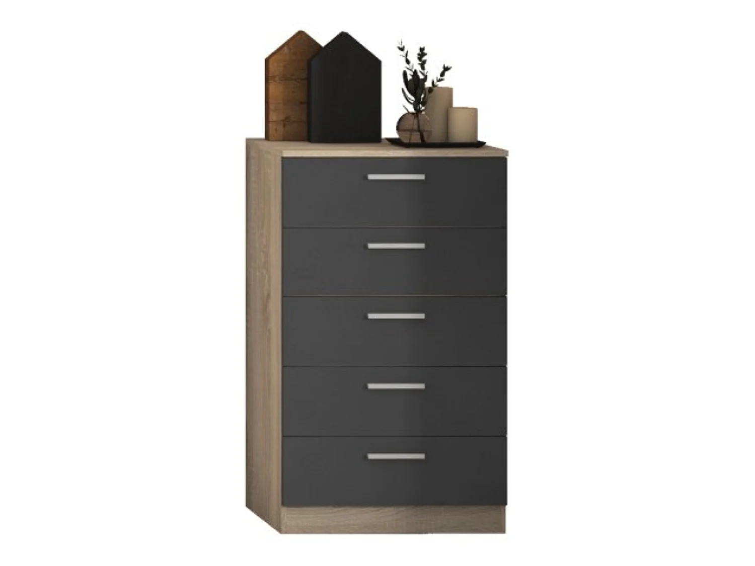 Pack Dormitorio Completo – Cabecero 220 cm + 2 Mesitas de Noche 3 Cajones + Sinfonier 5 Cajones, Color Cambria y Negro, Estilo Moderno
