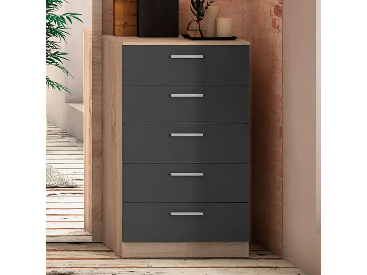 Pack Dormitorio Completo – Cabecero 220 cm + 2 Mesitas de Noche 3 Cajones + Sinfonier 5 Cajones, Color Cambria y Negro, Estilo Moderno