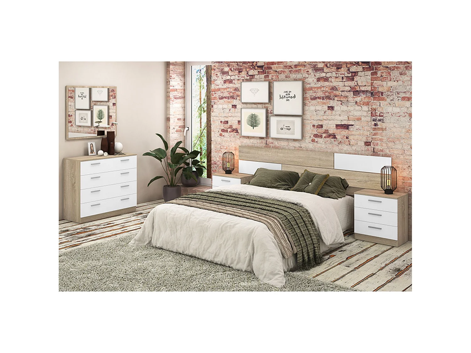 Pack Dormitorio Completo Meyvaser – Cabecero 220 cm + 2 Mesitas de Noche 3 Cajones + Cómoda 4 Cajones, Color Cambria y Blanco, Estilo Moderno
