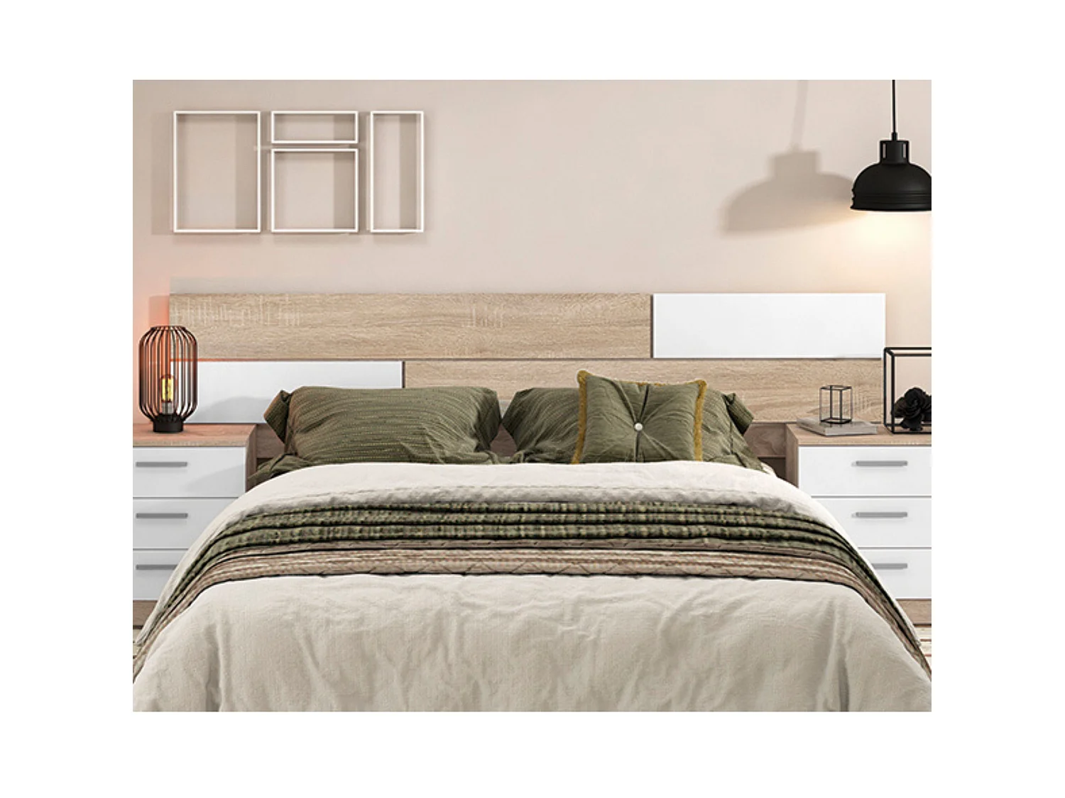 Pack Dormitorio Completo Meyvaser – Cabecero 220 cm + 2 Mesitas de Noche 3 Cajones + Cómoda 4 Cajones, Color Cambria y Blanco, Estilo Moderno