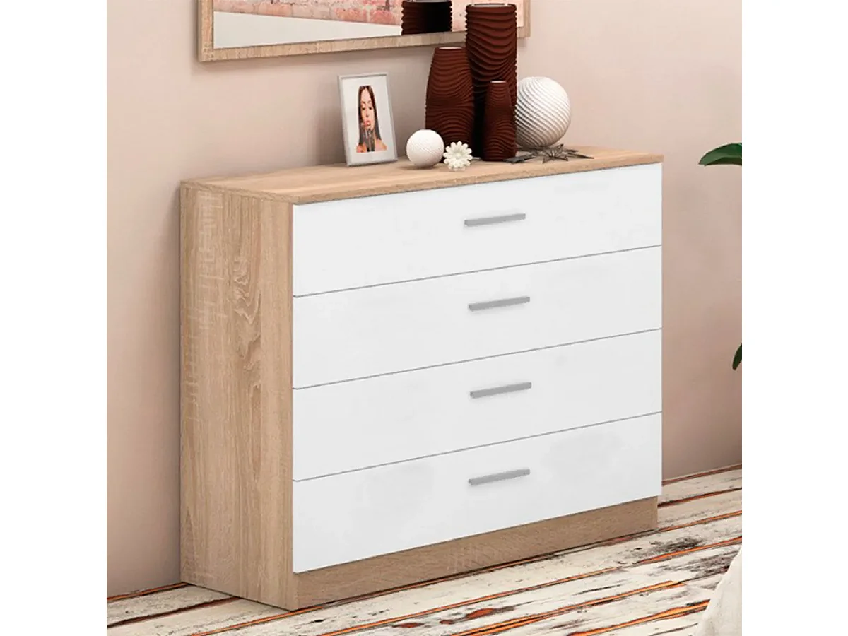 Pack Dormitorio Completo Meyvaser – Cabecero 220 cm + 2 Mesitas de Noche 3 Cajones + Cómoda 4 Cajones, Color Cambria y Blanco, Estilo Moderno
