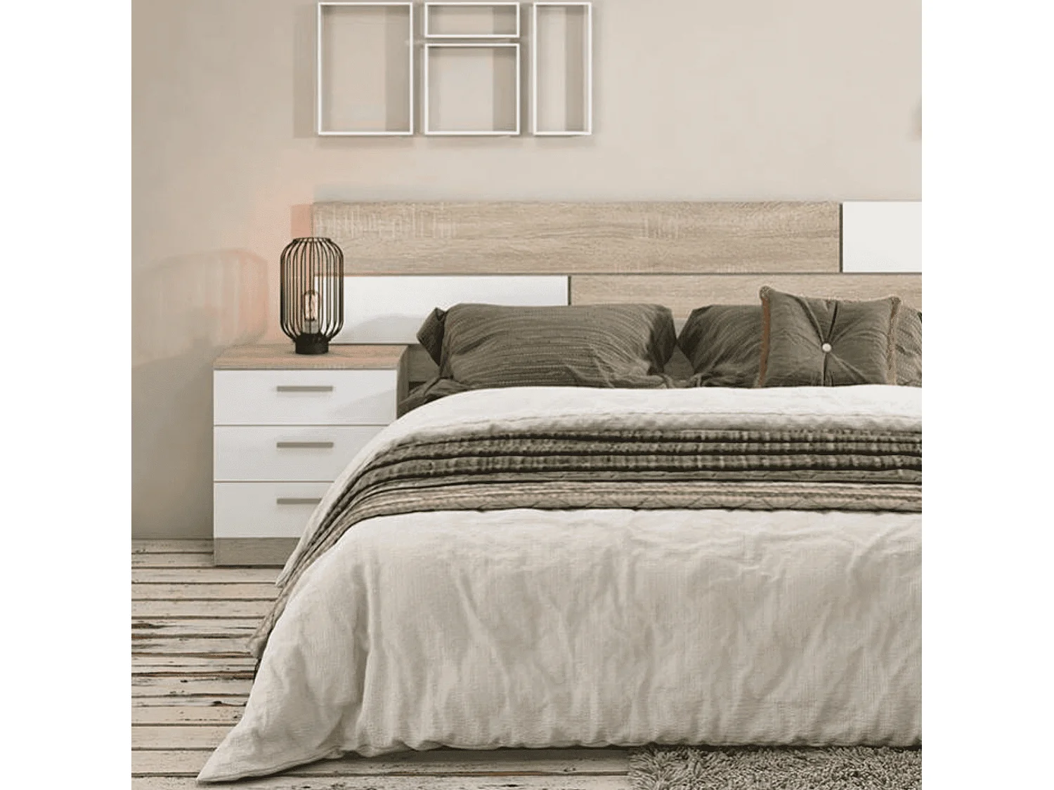 Pack Dormitorio Completo Meyvaser – Cabecero 220 cm + 2 Mesitas de Noche 3 Cajones + Cómoda 4 Cajones, Color Cambria y Blanco, Estilo Moderno