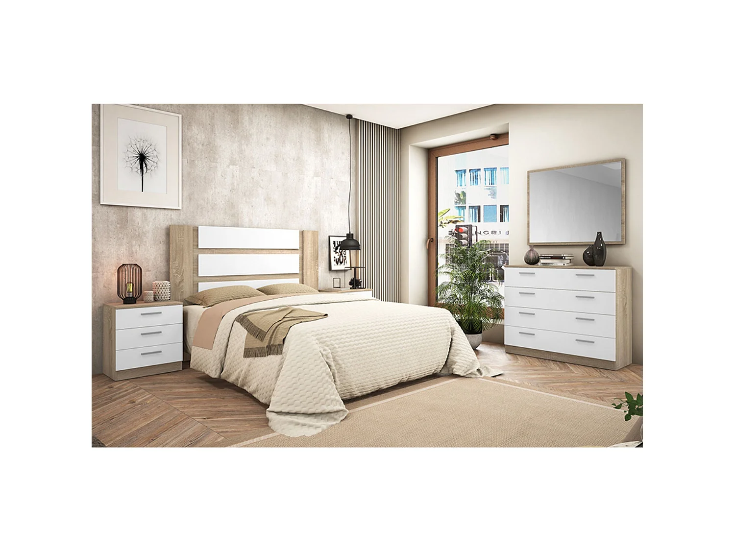 Conjunto Dormitorio Completo – Cabecero con Patas 160 cm + 2 Mesitas de Noche 3 Cajones + Cómoda 4 Cajones, Color Cambria y Blanco, Estilo Moderno