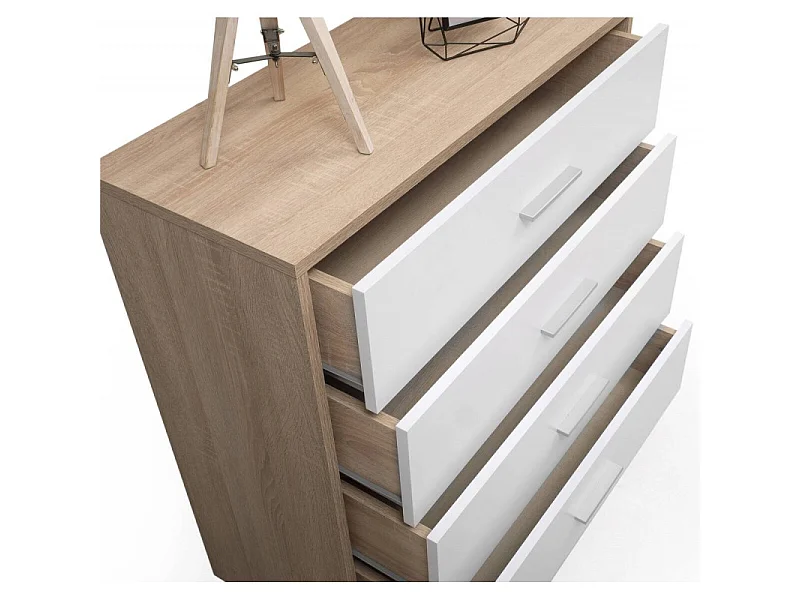 Conjunto Dormitorio Completo – Cabecero con Patas 160 cm + 2 Mesitas de Noche 3 Cajones + Cómoda 4 Cajones, Color Cambria y Blanco, Estilo Moderno