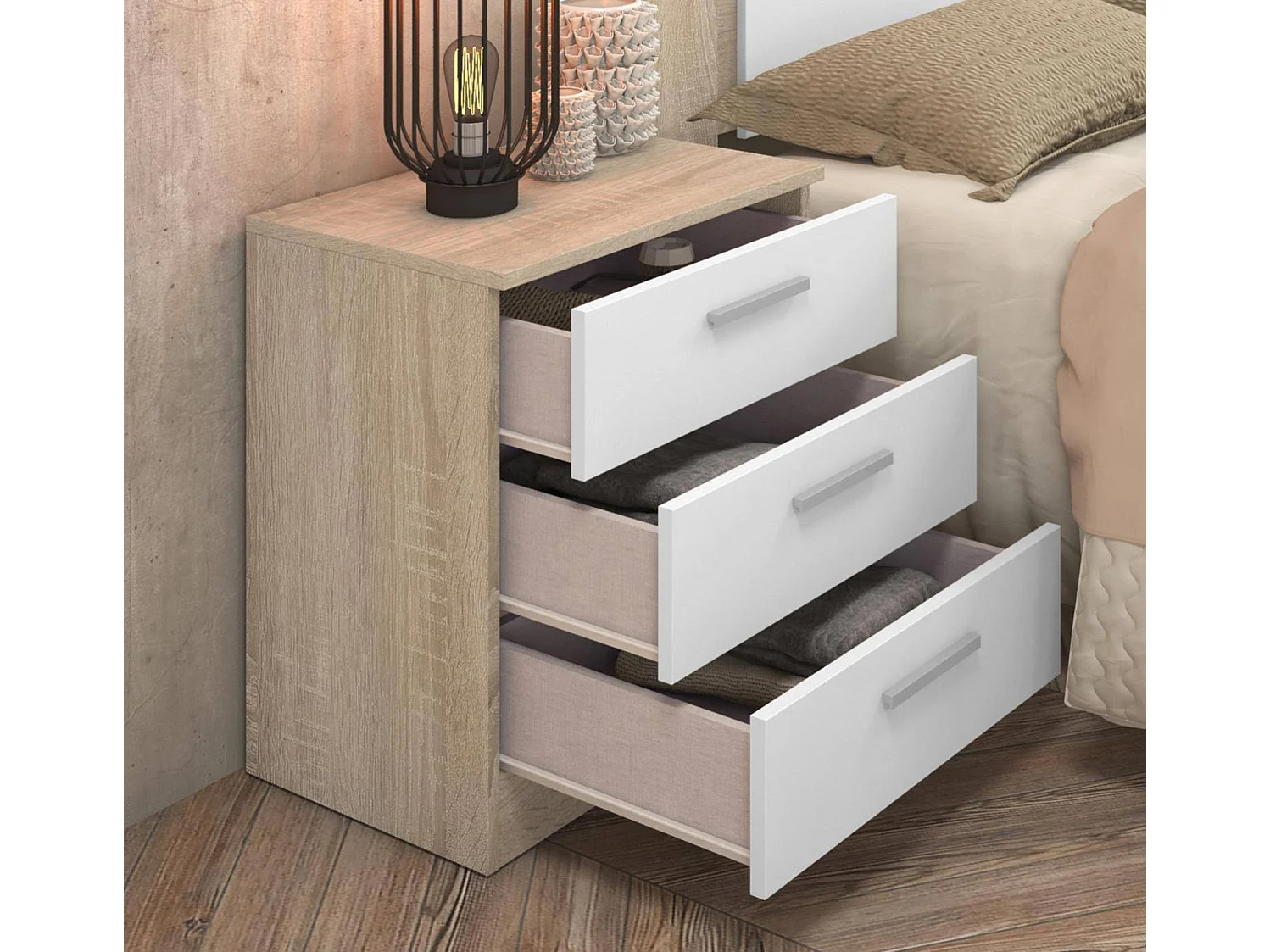 Conjunto Dormitorio Completo – Cabecero con Patas 160 cm + 2 Mesitas de Noche 3 Cajones + Cómoda 4 Cajones, Color Cambria y Blanco, Estilo Moderno