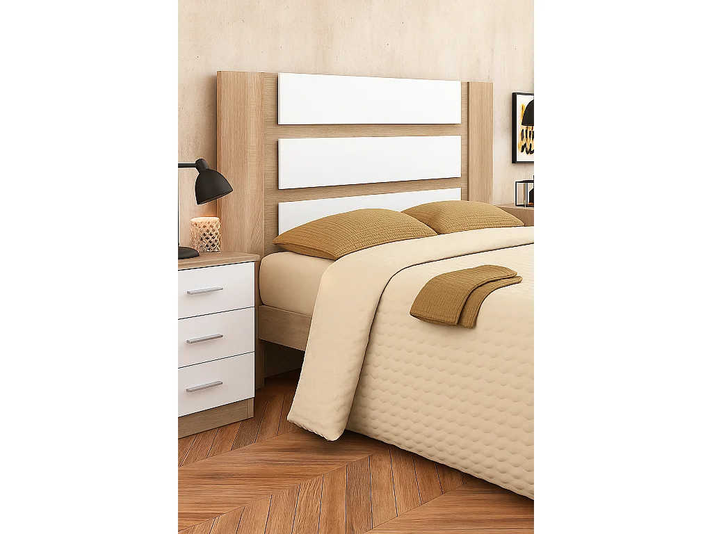 Conjunto Dormitorio Completo – Cabecero con Patas 160 cm + 2 Mesitas de Noche 3 Cajones + Cómoda 4 Cajones, Color Cambria y Blanco, Estilo Moderno