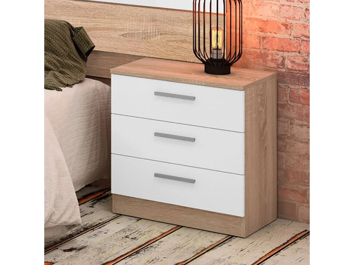 Conjunto Dormitorio Completo – Cabecero con Patas 160 cm + 2 Mesitas de Noche 3 Cajones + Cómoda 4 Cajones, Color Cambria y Blanco, Estilo Moderno