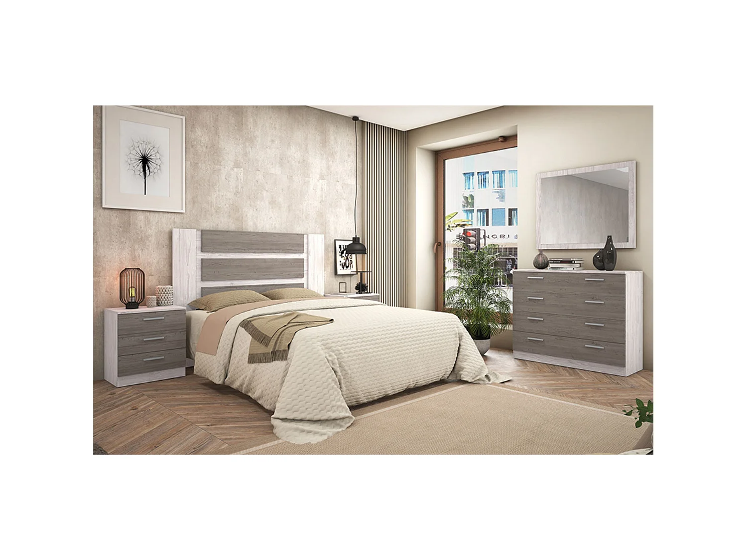Conjunto Dormitorio Completo – Cabecero con Patas 160 cm + 2 Mesitas de Noche 3 Cajones + Cómoda 4 Cajones, Color Andersen/gris, Estilo Moderno