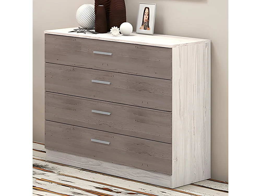 Conjunto Dormitorio Completo – Cabecero con Patas 160 cm + 2 Mesitas de Noche 3 Cajones + Cómoda 4 Cajones, Color Andersen/gris, Estilo Moderno