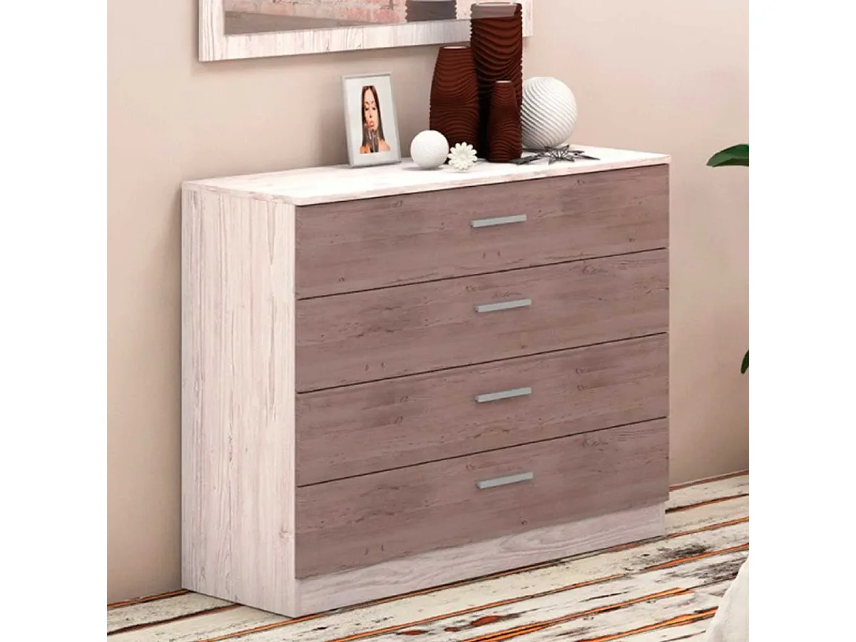 Conjunto Dormitorio Completo – Cabecero con Patas 160 cm + 2 Mesitas de Noche 3 Cajones + Cómoda 4 Cajones, Color Andersen/gris, Estilo Moderno