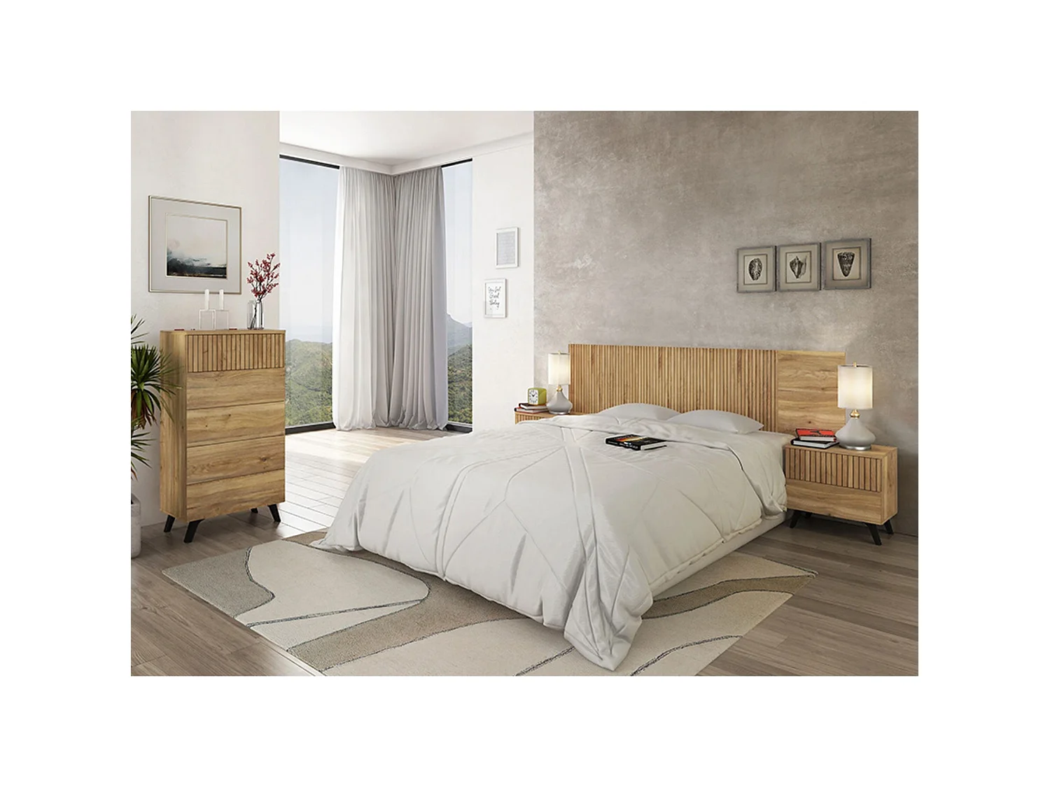 Cabezal + Dos Mesitas de Noche + Sinfonier, Dormitorio completo, Acabado en Mauvella - Rayas, Medidas: 210 cm (An) x 55 cm (Al) x 35 cm (Fon) - Meyvas