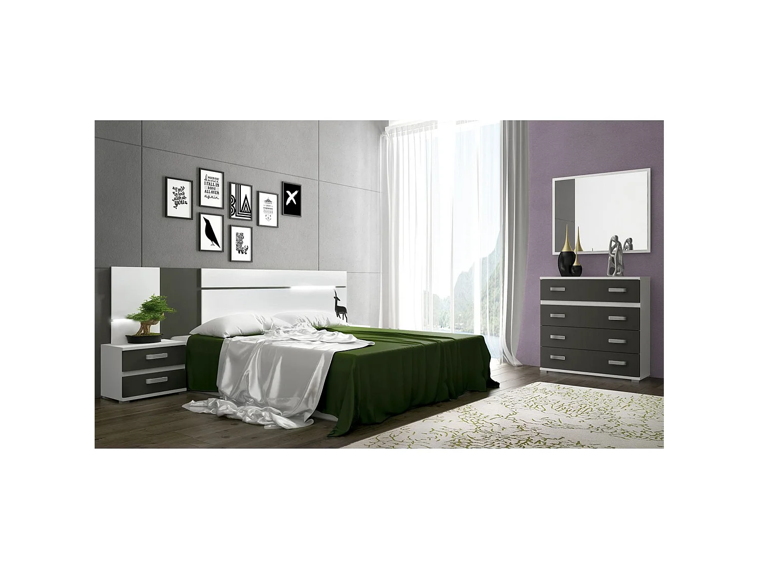 Dormitorio de Matrimonio Completo – Cabecero 259 cm, 2 Mesitas de Noche y Cómoda Ancha de 4 Cajones – Diseño Moderno Blanco y Grafito.