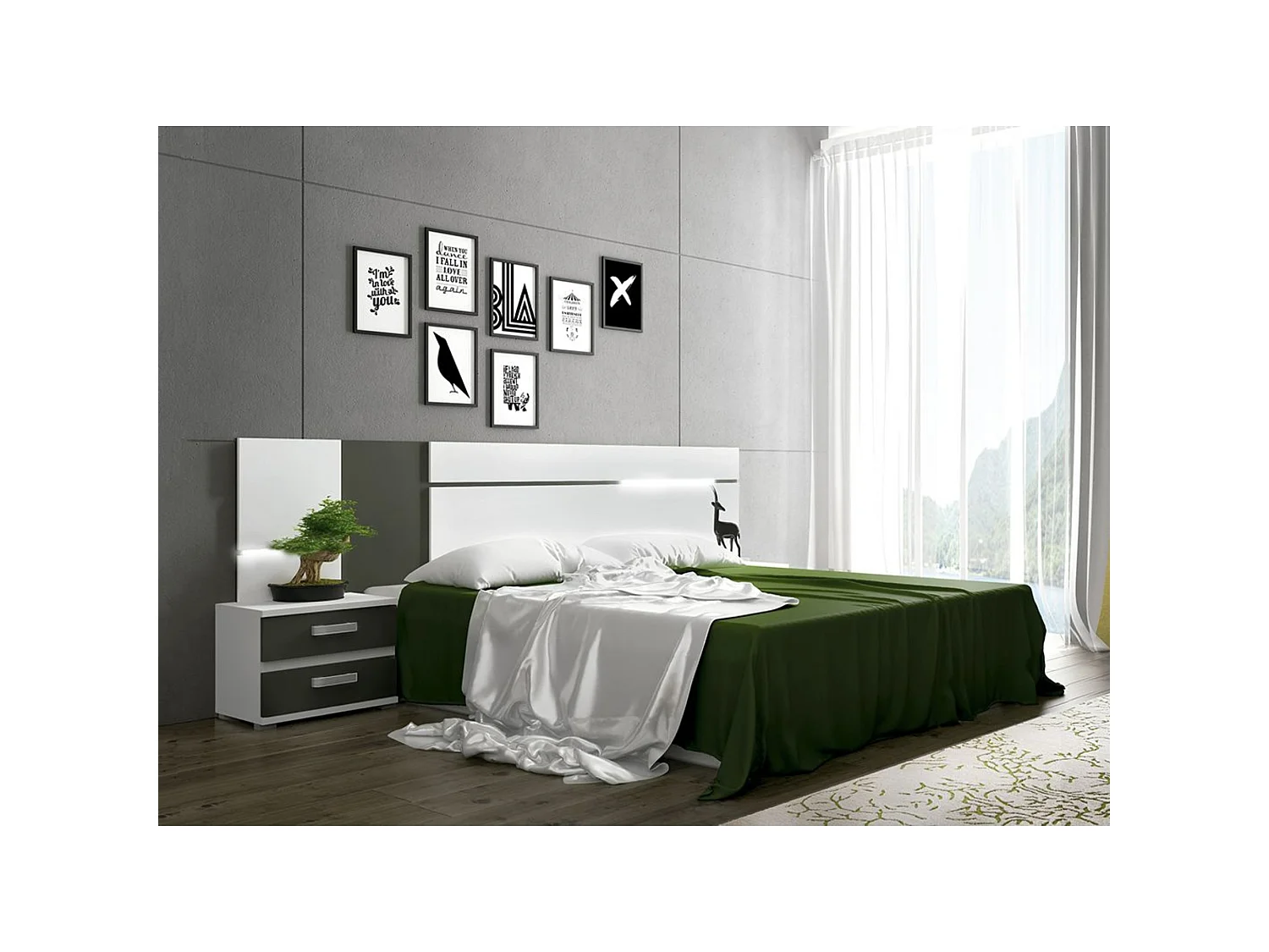 Dormitorio de Matrimonio Completo – Cabecero 259 cm, 2 Mesitas de Noche y Cómoda Ancha de 4 Cajones – Diseño Moderno Blanco y Grafito.