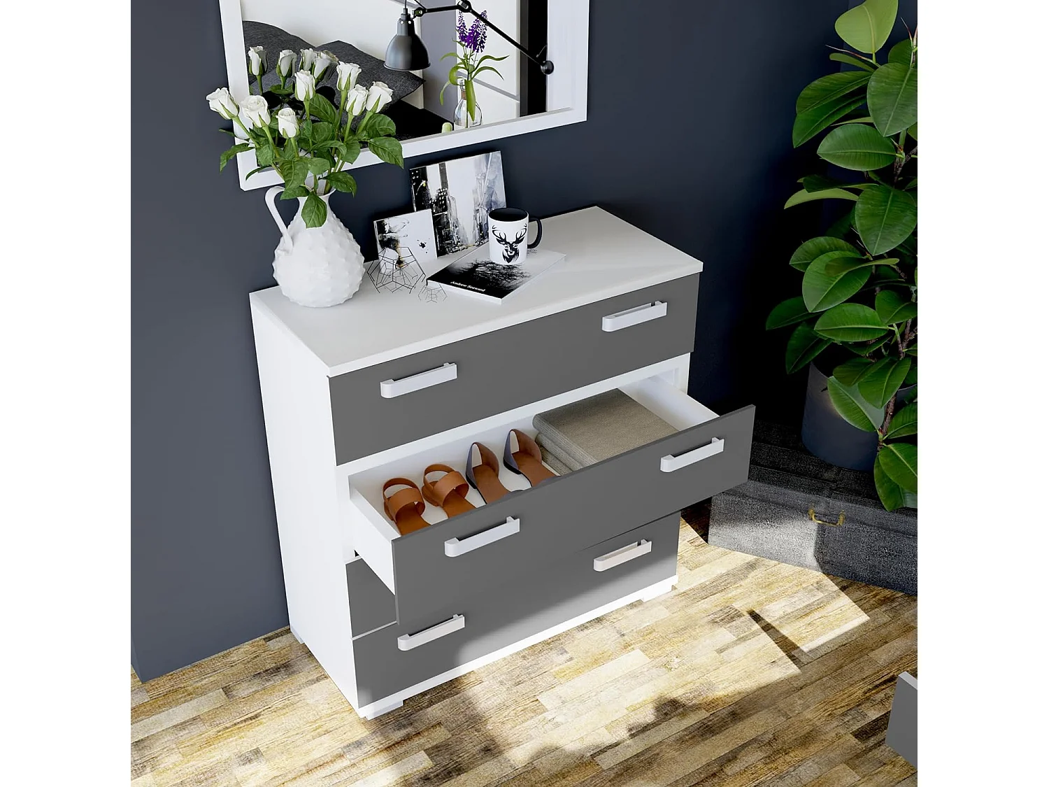 Dormitorio de Matrimonio Completo – Cabecero 259 cm, 2 Mesitas de Noche y Cómoda Ancha de 4 Cajones – Diseño Moderno Blanco y Grafito.