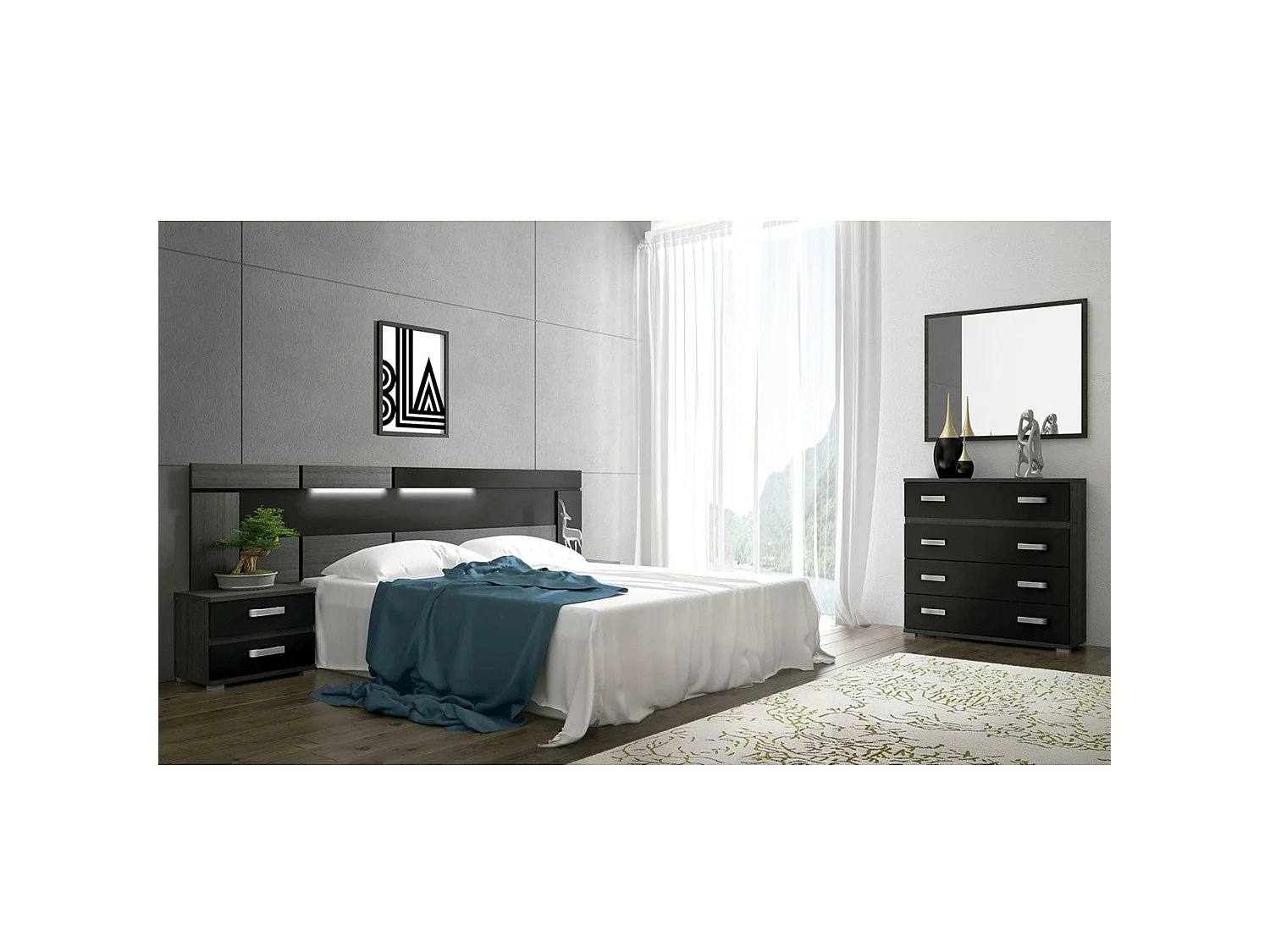 Dormitorio de Matrimonio Completo – Cabecero Negro 259 cm, 2 Mesitas de Noche y Cómoda 4 Cajones color ceniza-negro  – Diseño Moderno en Melamina.